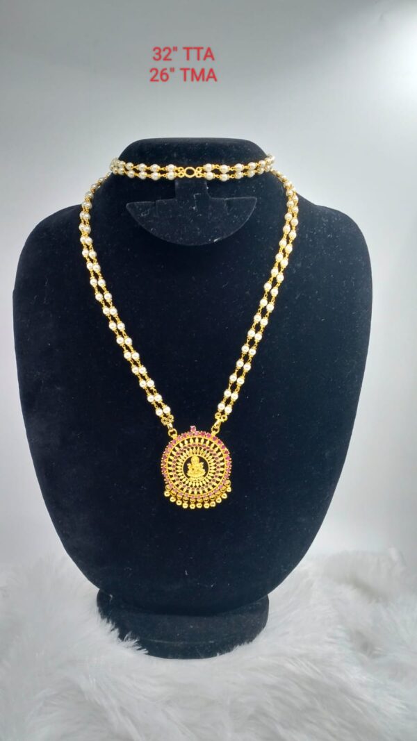 One gram gold plated Pearl chain with Laxmi stone pendent - Image 2